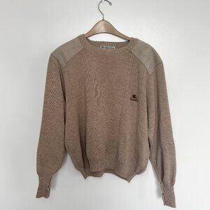 VTG 90s Burberrys 100% Pure new Wool Knit Sweater England Leather Patches Beige